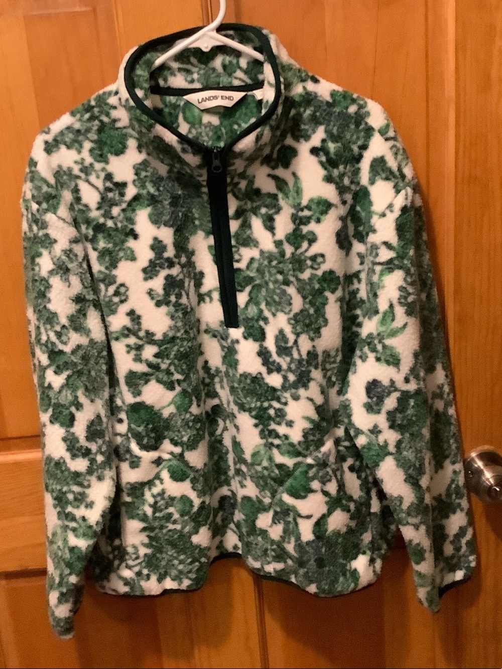 Lands' End White and Green Floral Teddy Fleece Pullover